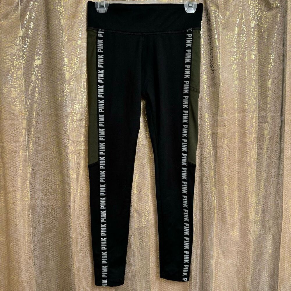 PINK‎ Victorias Secret Black Dark Green Logo Stripe Cozy Leggings Small